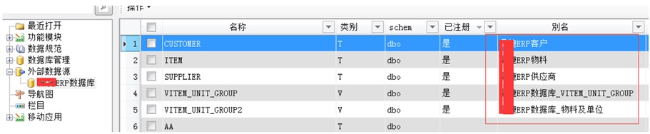 注册外部数据源界面，与业务ERP系统对接